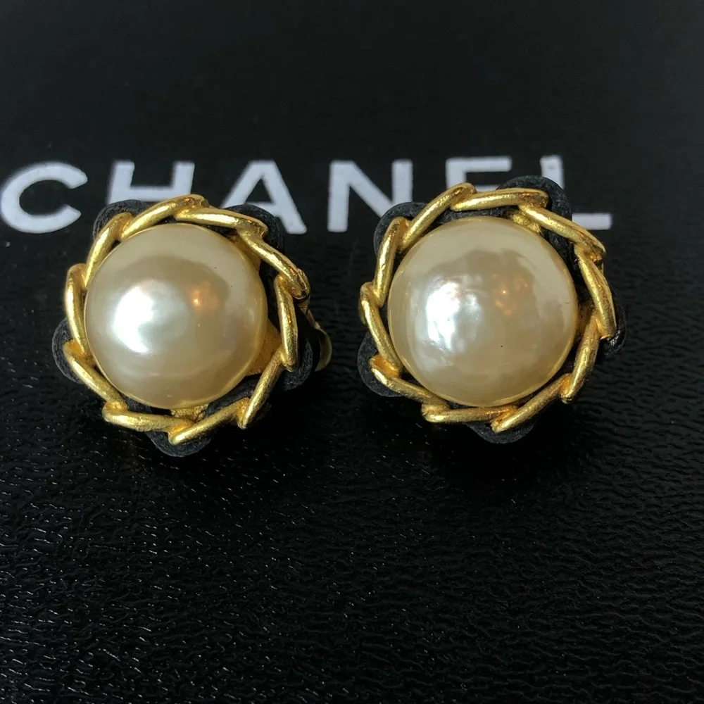 CHANEL Gold and Black Leather Wrapped Pearl Statement Earrings w/ Box